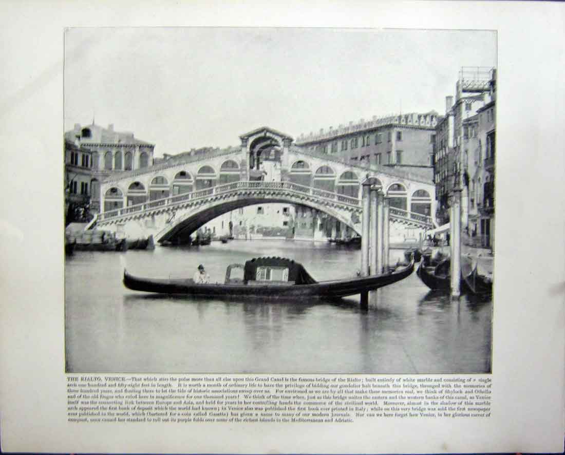 Antique Old Print Rialto Venice Italy Castle San Angelo Tiber Rome Bridge