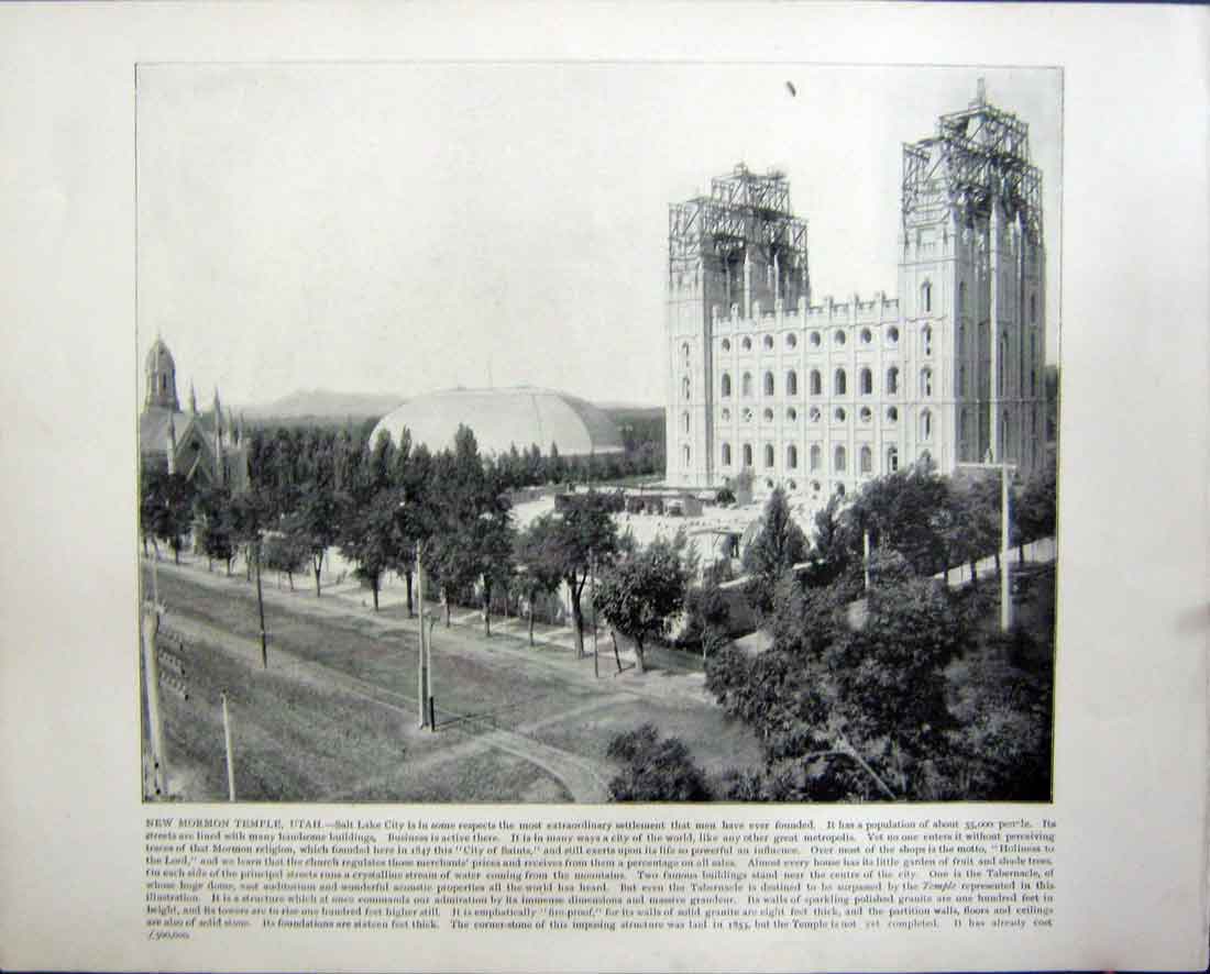 Original Old Antique Print Mormon Temple Utah Passion Scene Play Oberammergau