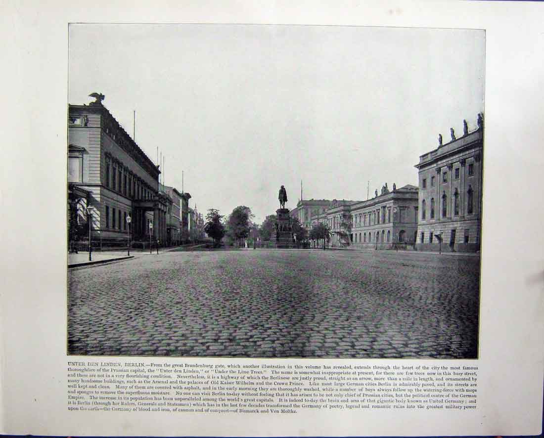 Original Old Antique Print Unter Den Linden Berlin Quays Antwerp Belgium Ships