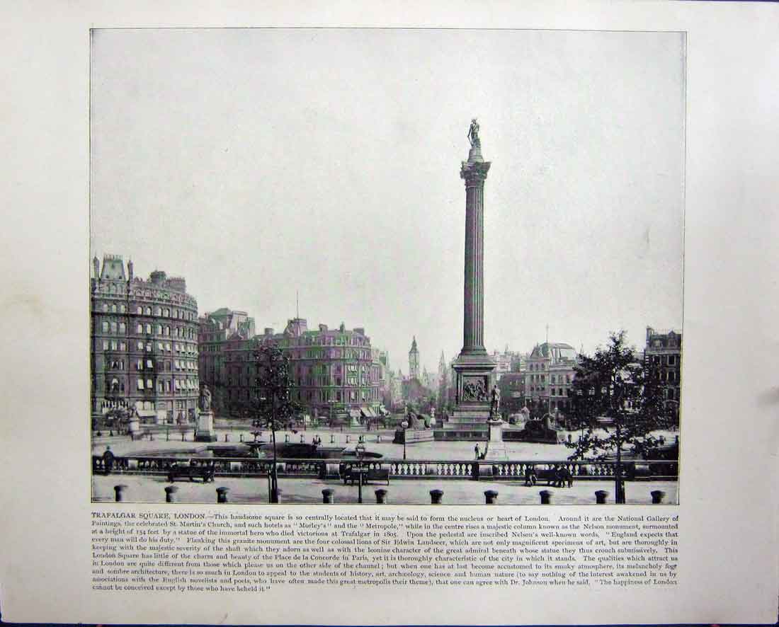 Original Old Antique Print Trafalgar Square London Louver Paris France Europe