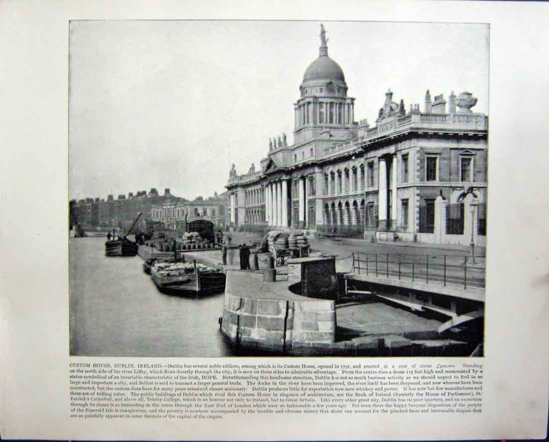 Original Old Antique Print Custom House Dublin Ireland Prince Bismarck Berlin