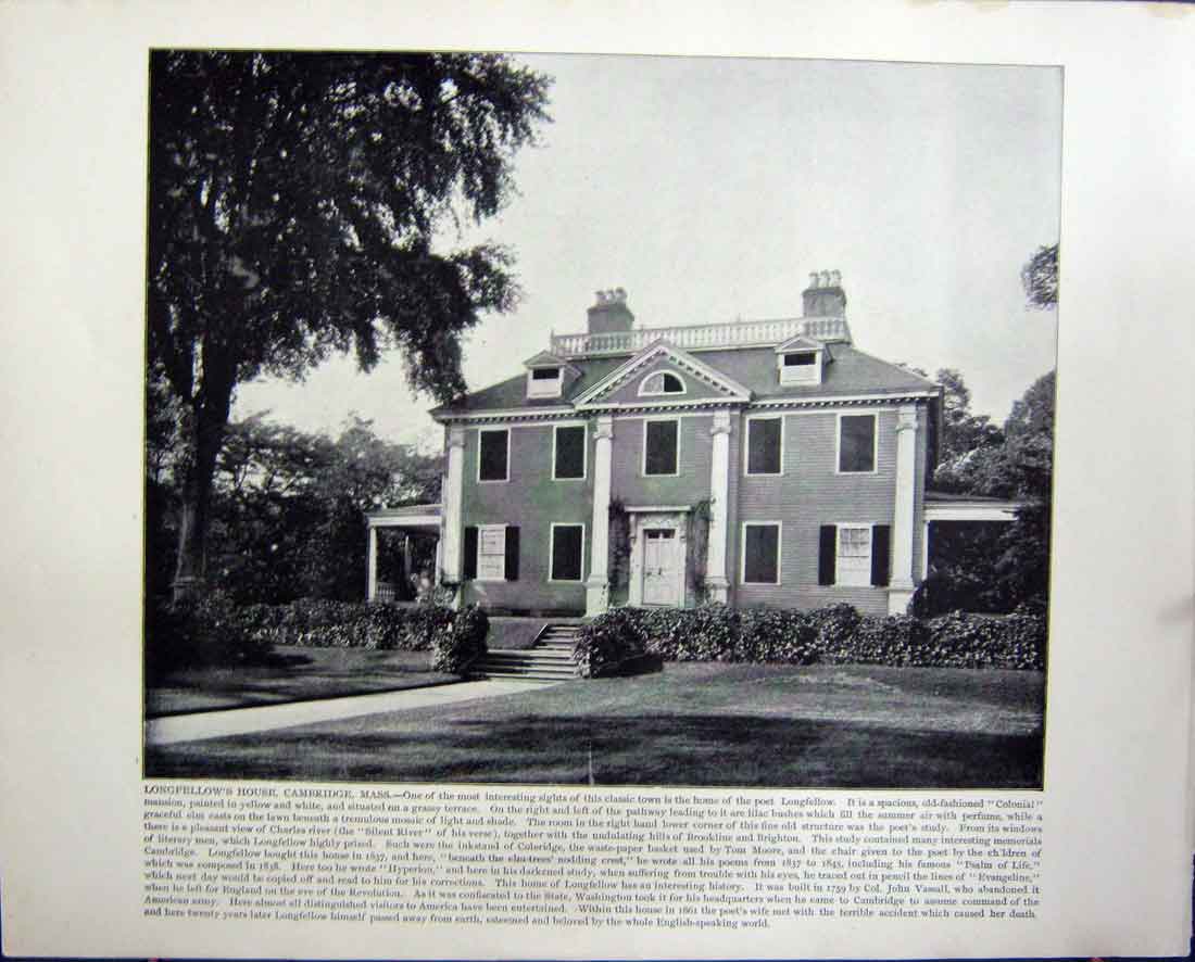Old Antique Print Longfellow'S House Cambridge Mass Washington Elm Stone