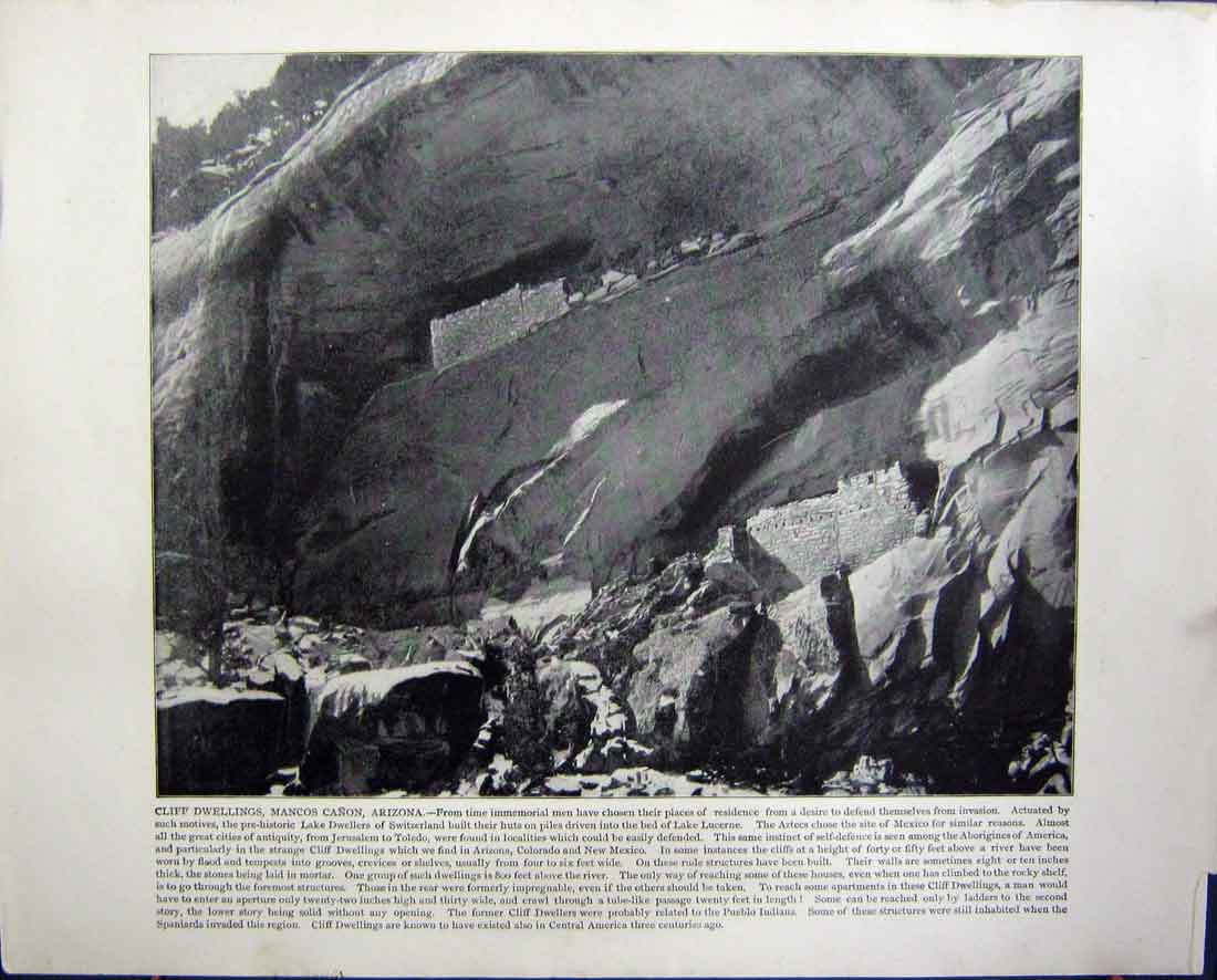 Original Old Antique Print Cliff Dwellings Mancos Canon Arizona Colorado Pike
