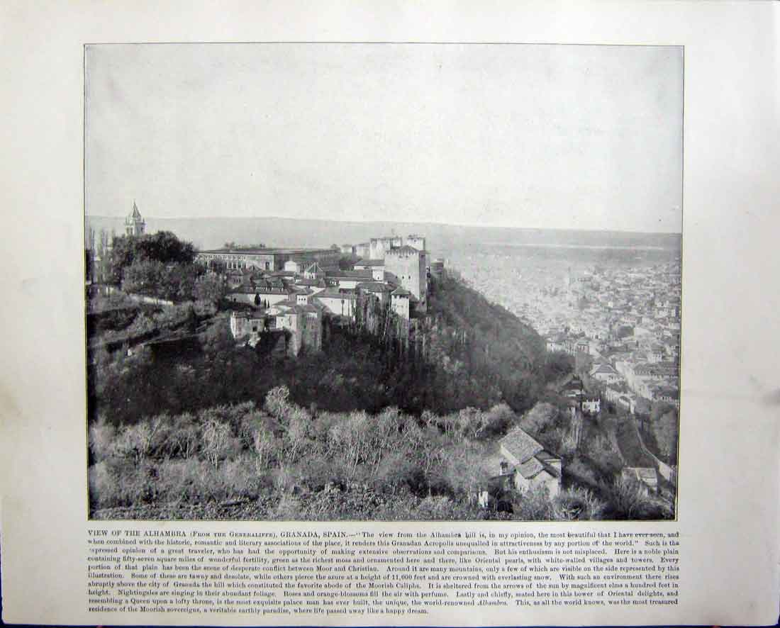 Original Old Antique Print Alhambra Granada Spain Vatican Library Rome Italy