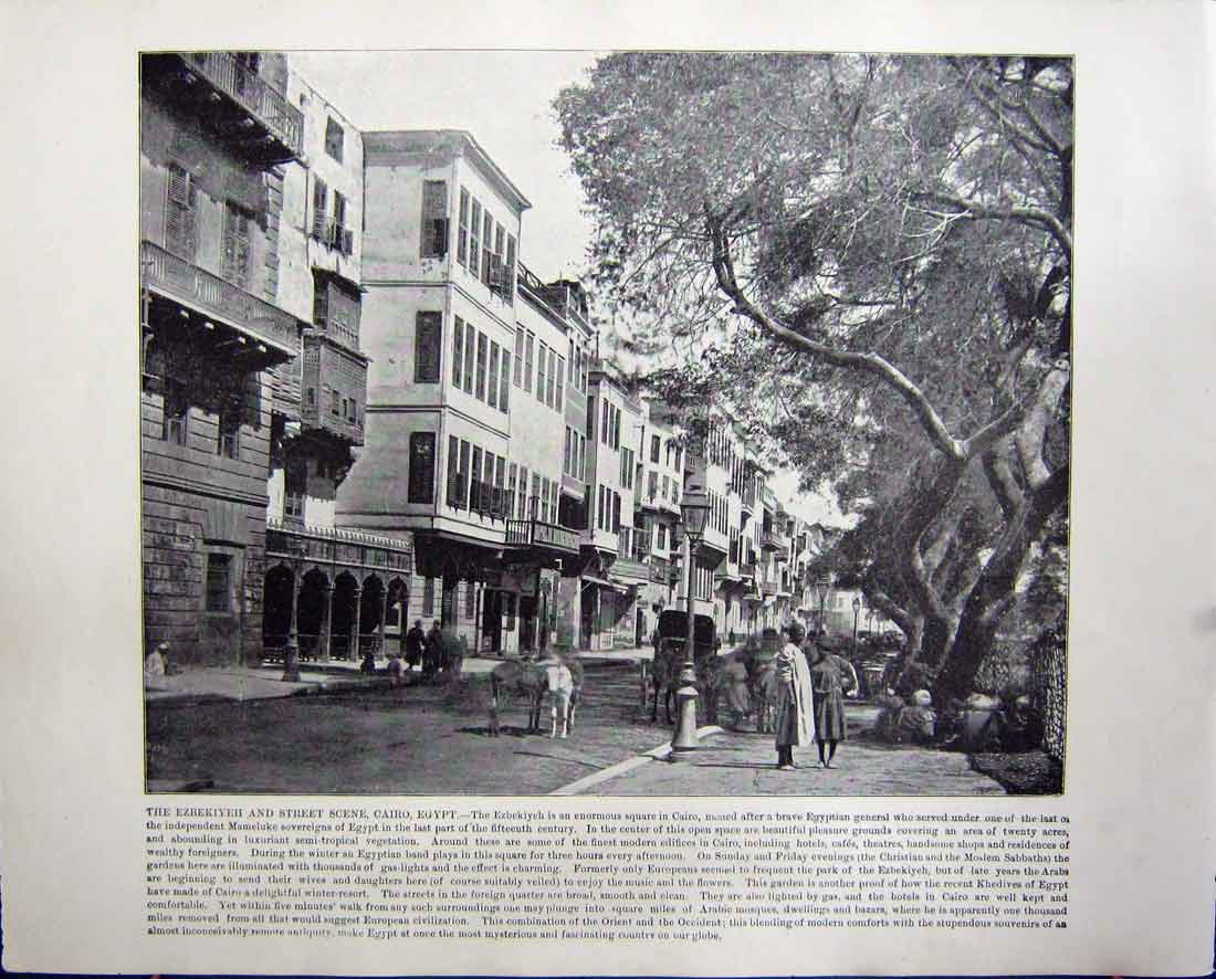 Original Old Antique Print Ezbekiyeh Street Cairo Egypt Kremlin Moscow Russia