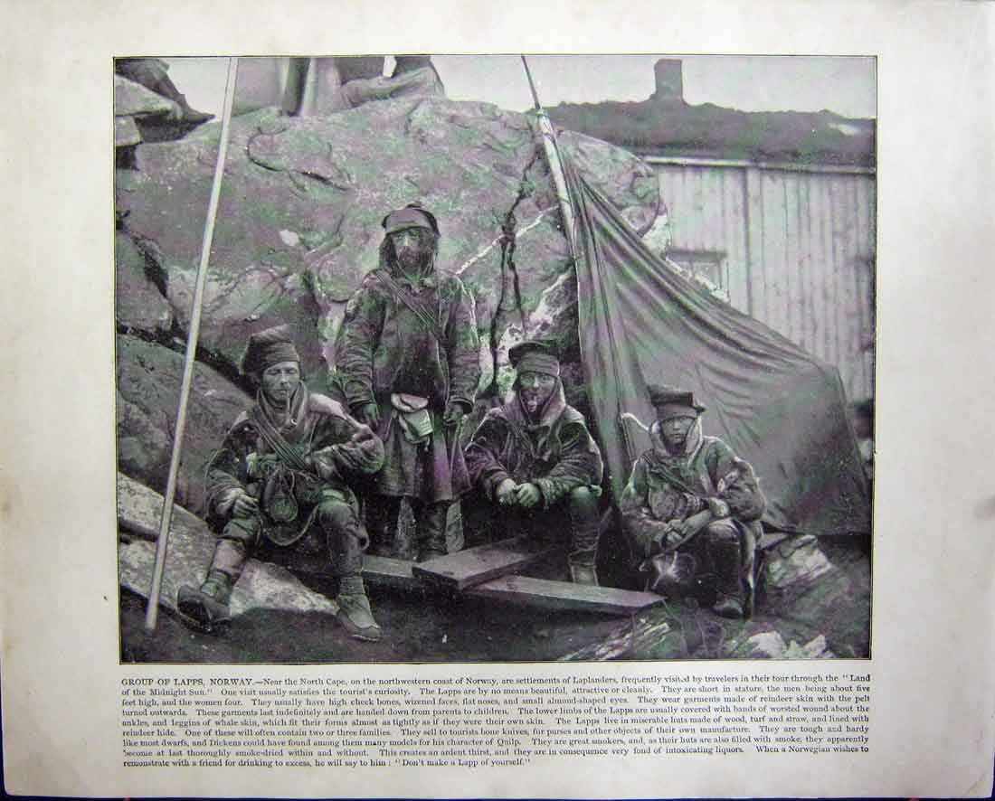 Original Old Antique Print People Group Lapps Norway Stockholm Sweden