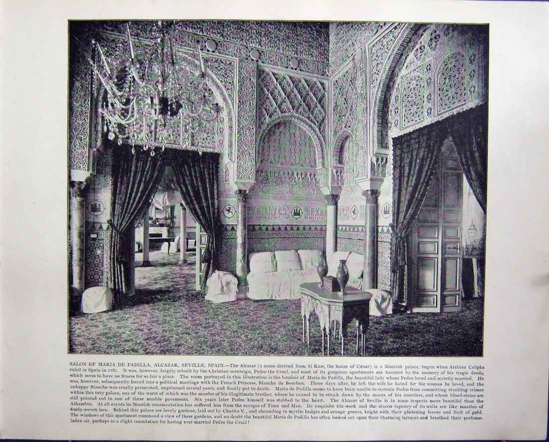 Old Antique Print Salon Padilla Alcazar Seville Spain Alexandria Egypt