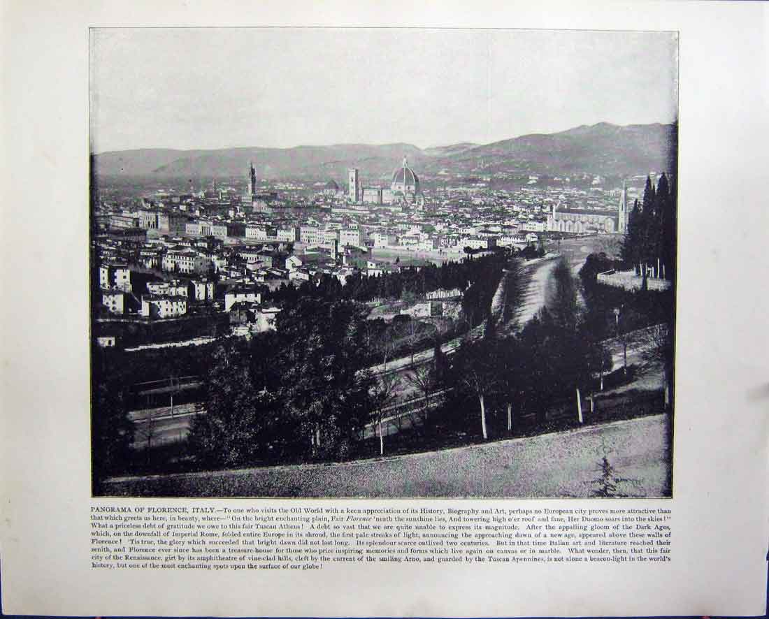 Old Antique Print Panorama Florence Italy Collosseum Rome Architecture