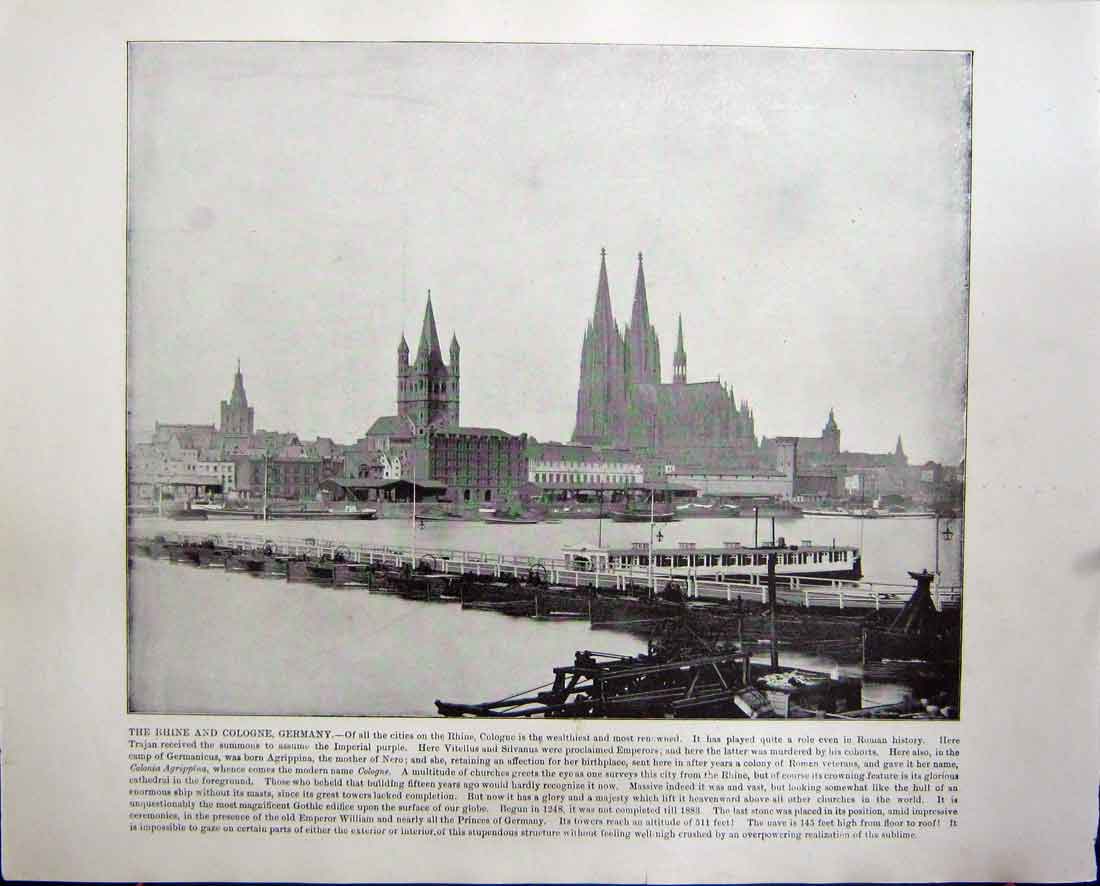 Original Old Antique Print River Rhine Cologne Germany Mount Blanc Switzerland