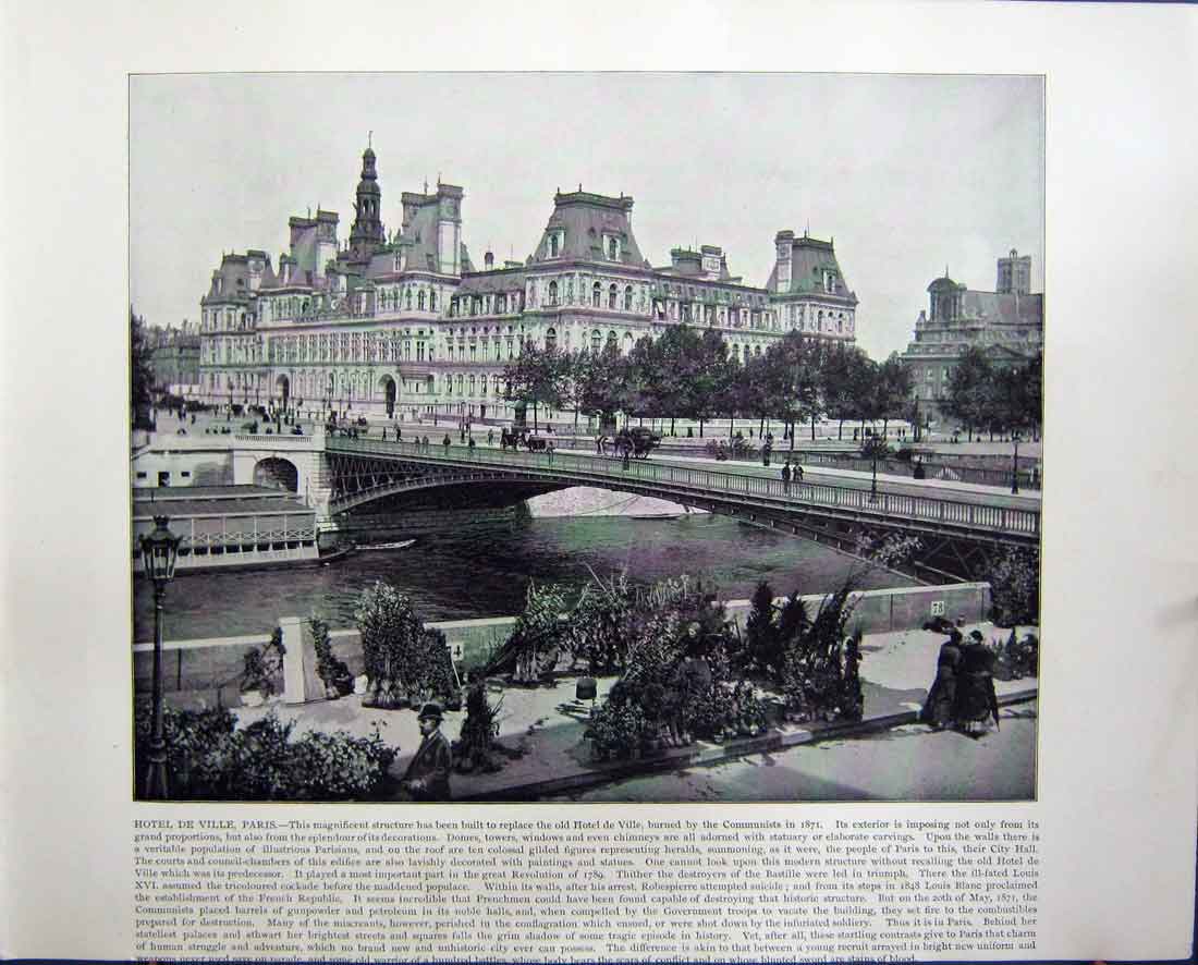 Old Antique Print Hotel De Ville Paris France Thames Embankment Obelisk 19th