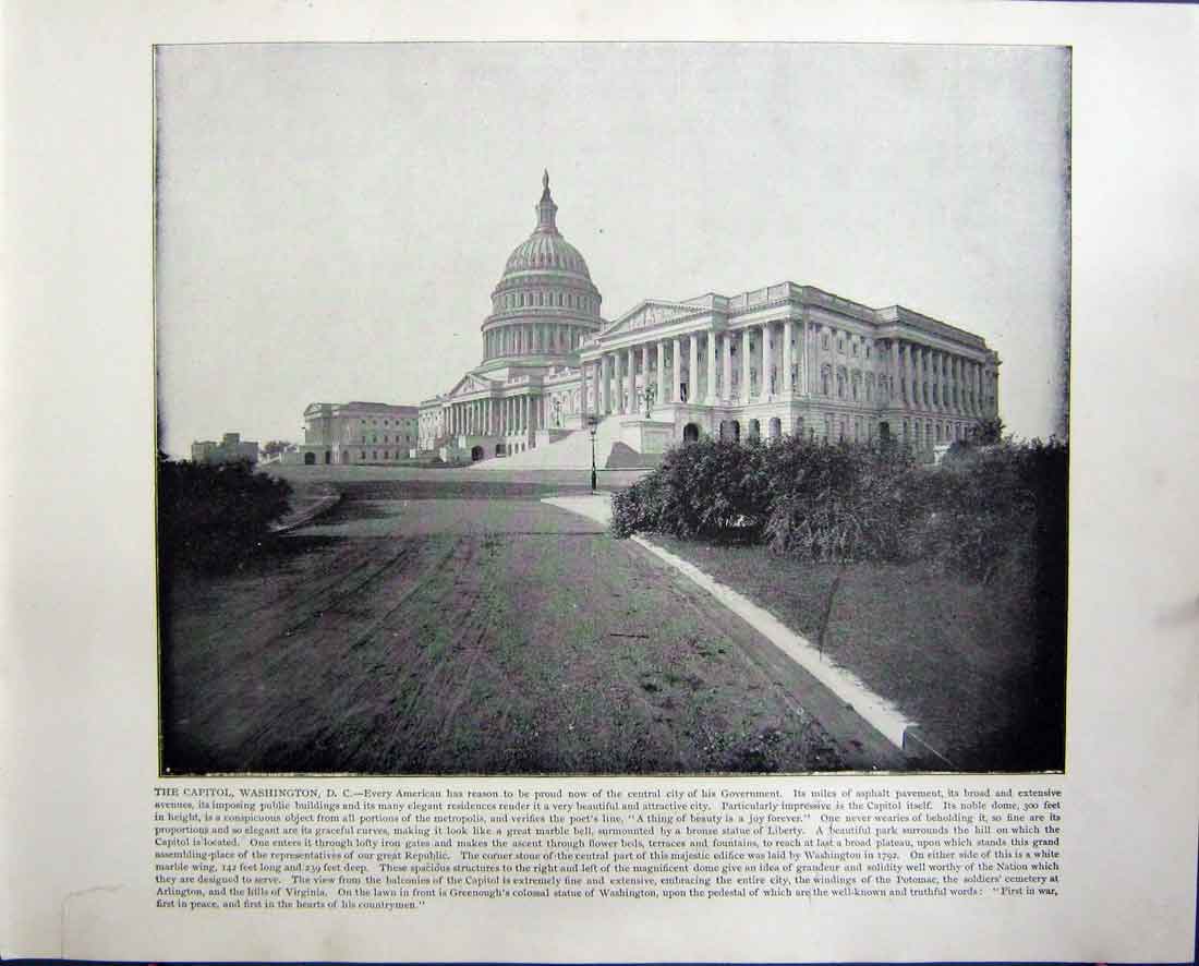 Original Old Antique Print Capitol Washington America New York Brooklin Bridge