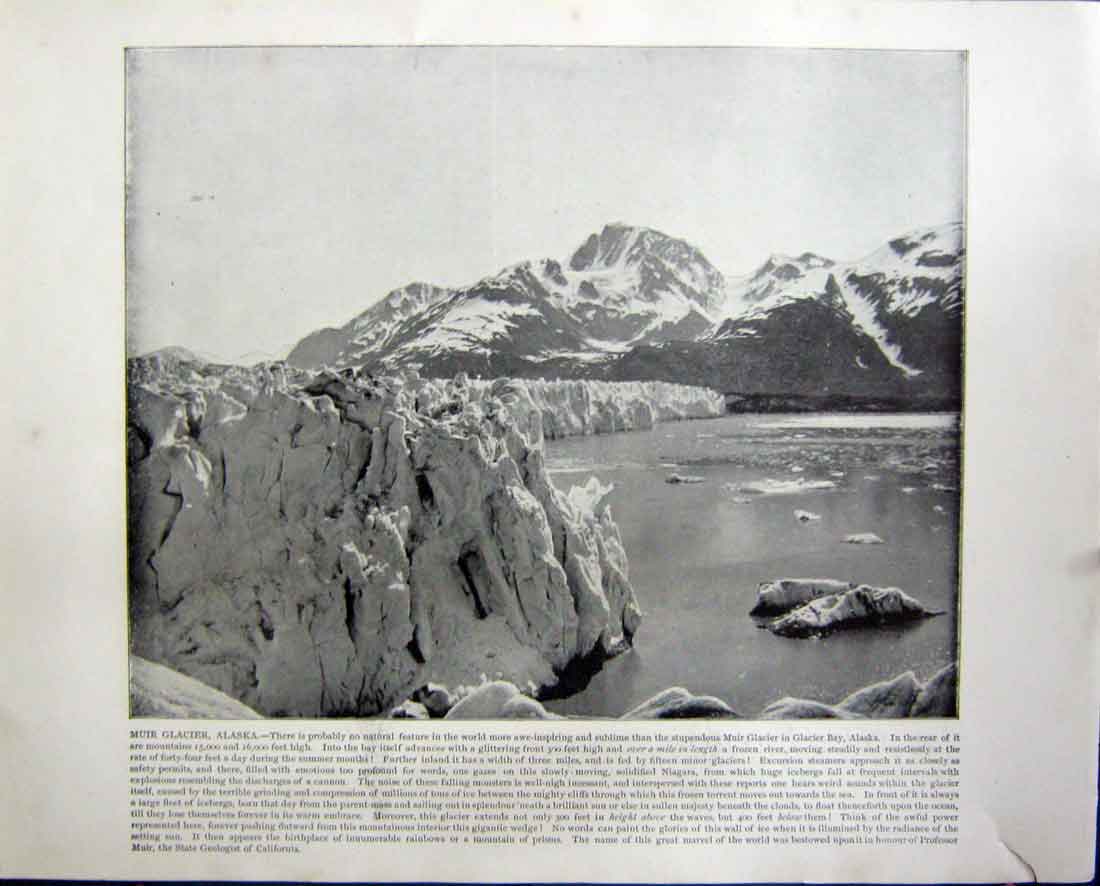 Original Old Antique Print Muir Glacier Alaska Havana Cuba South America 19th