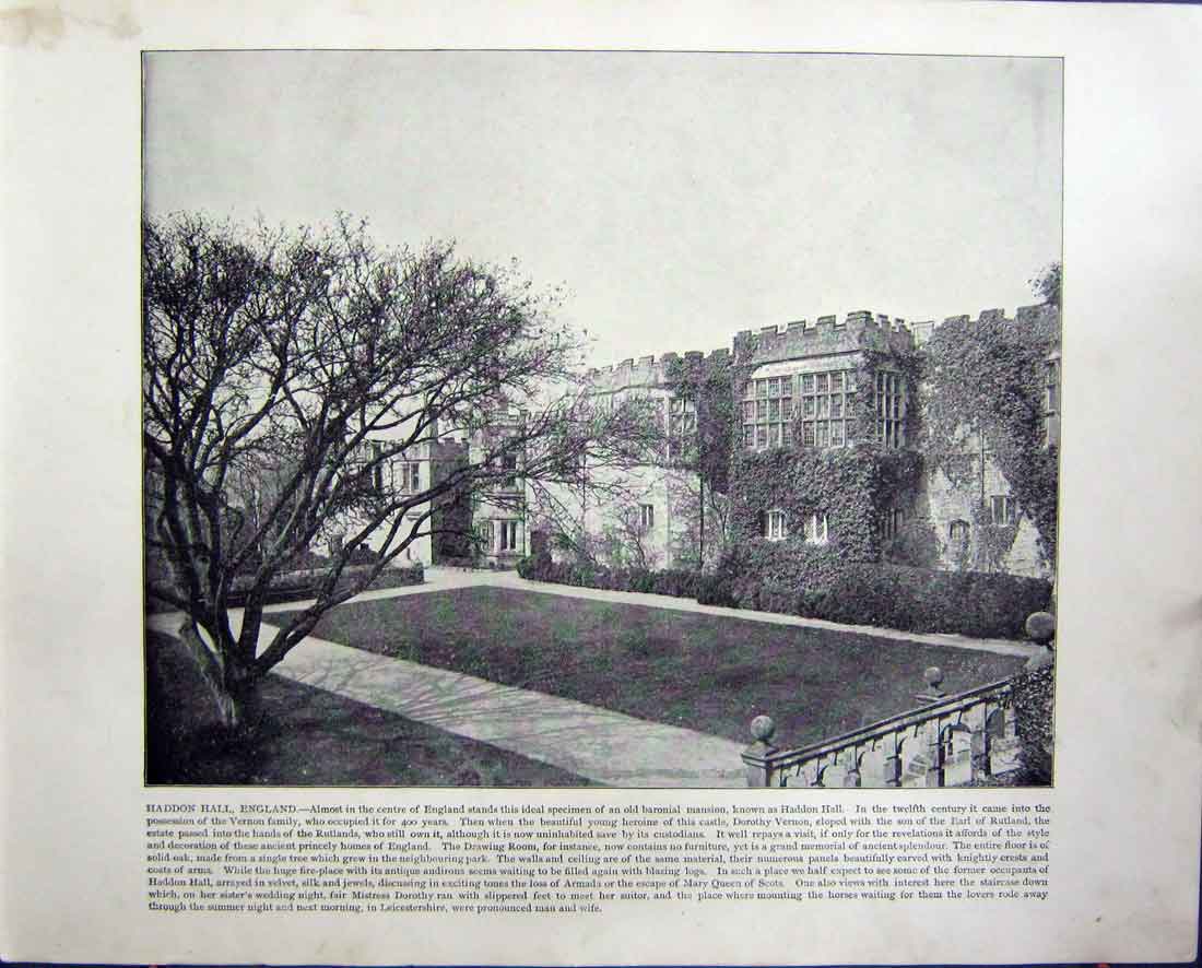 Original Old Antique Print Haddon Hall England Bourse Brussels Architecture