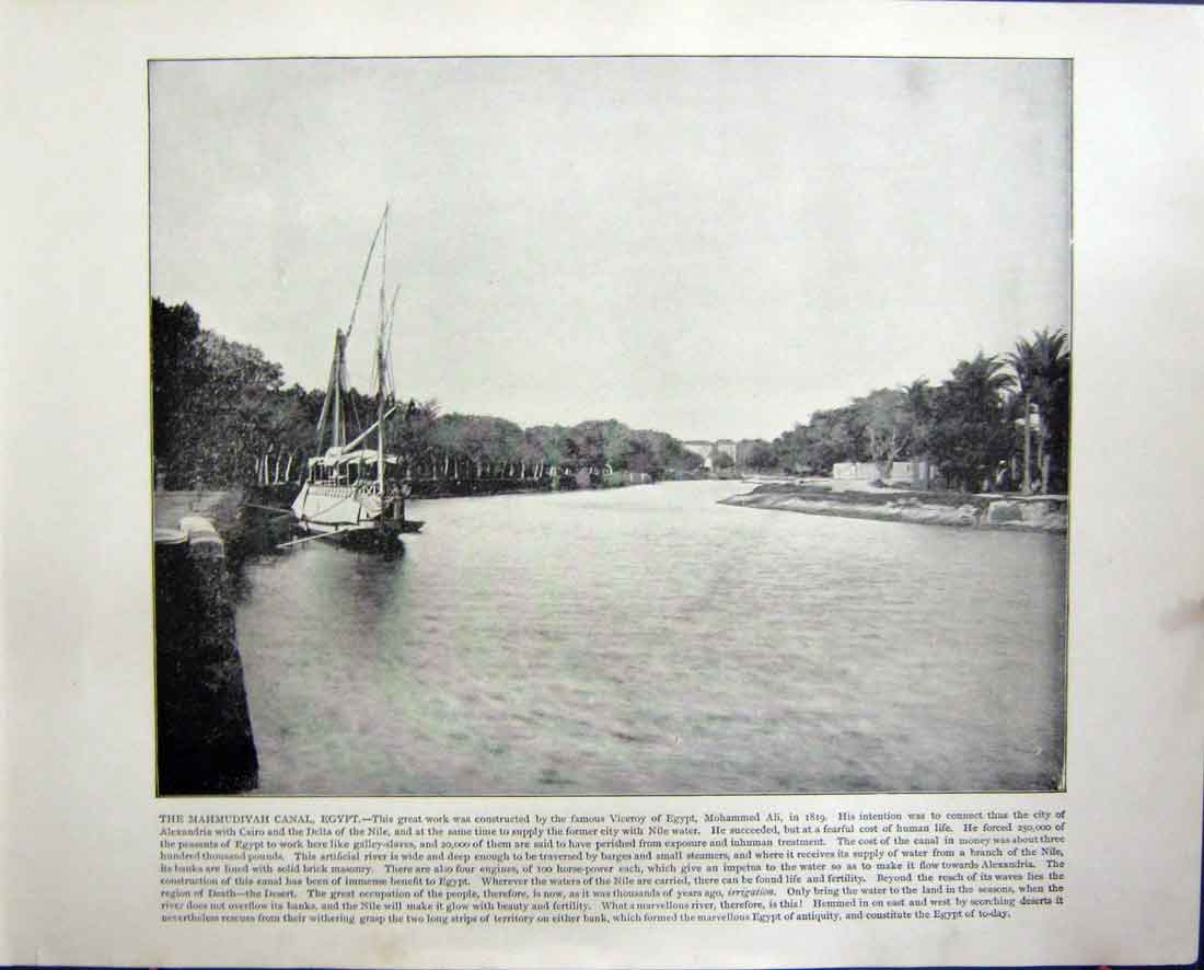 Original Old Antique Print Mahmudiyah Canal Egypt Volksgarten Theseum Vienna