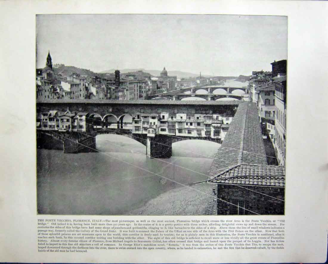 Original Old Antique Print Ponte Vecchio Florence Italy Bosphorus Turkey Ships