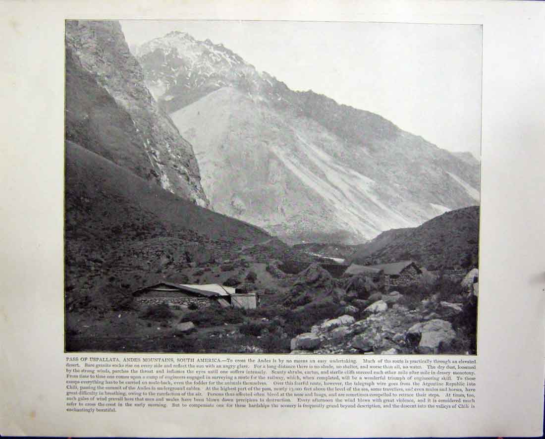 Original Old Antique Print Uspallata Andes Mountains America Montreal Canada