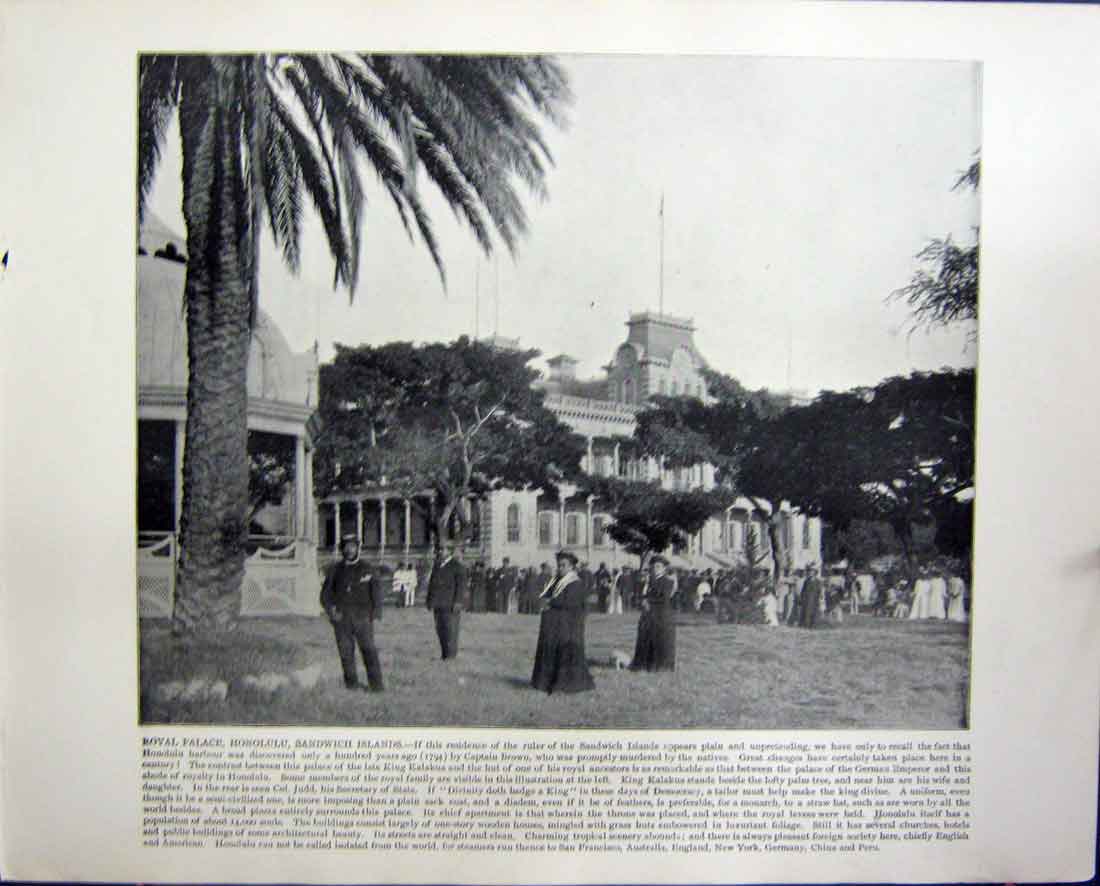 Old Antique Print Honolulu Sandwich Islands Palace Mosque Omar Jerusalem