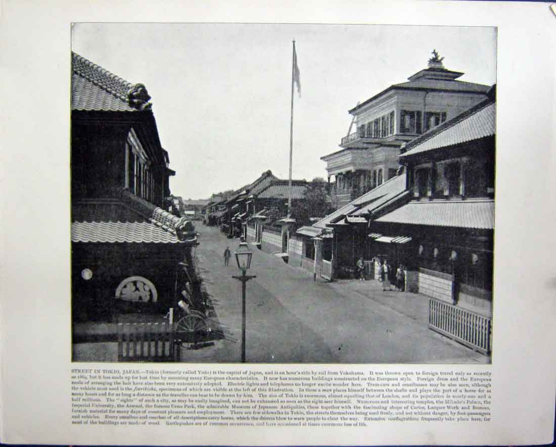Original Old Antique Print Street Tokio Japan Valparaiso Harbour Chili Ships