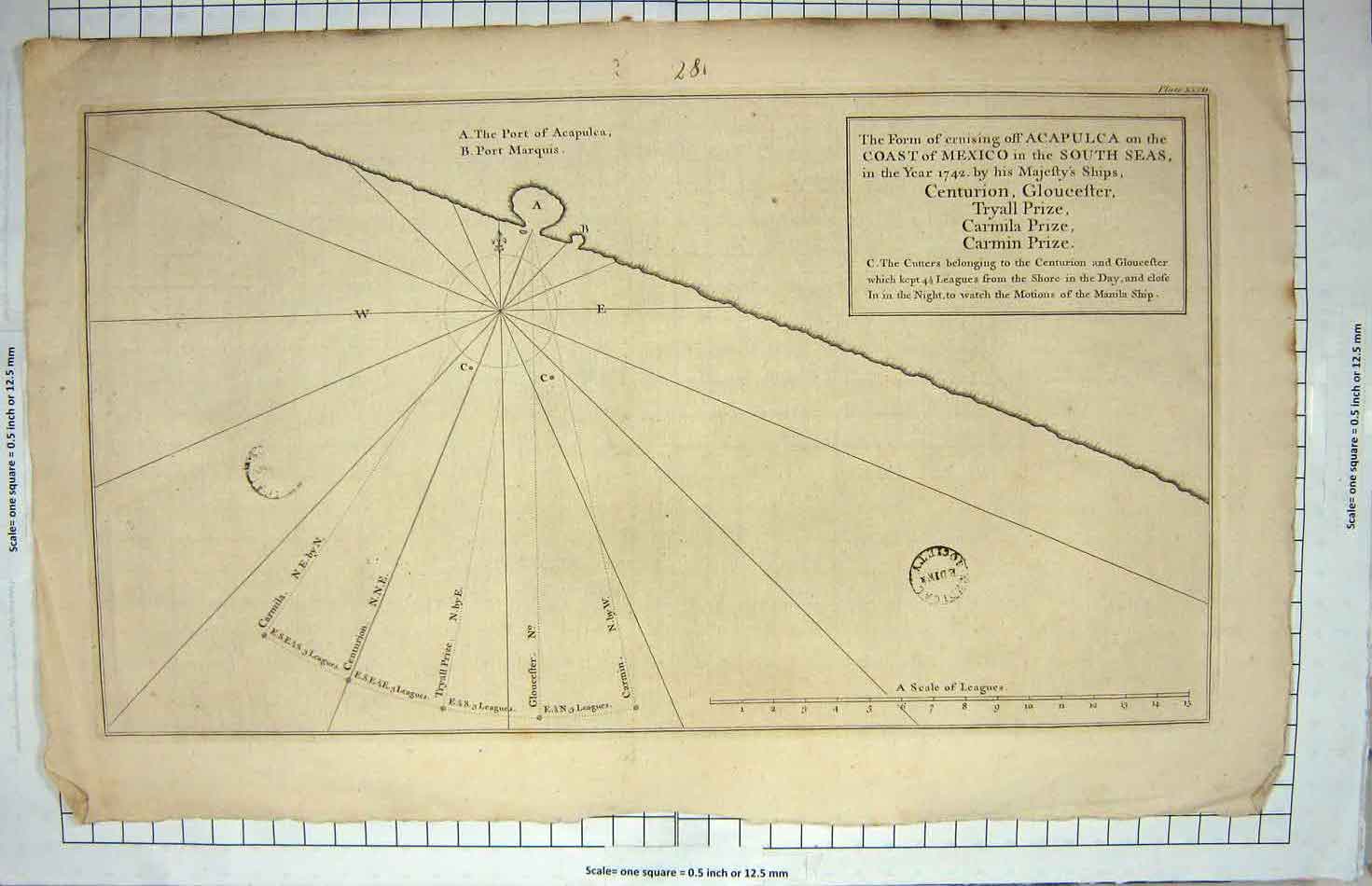 Original Old Antique Print Port Acapulca Mexico Scale Leagues Sea Centurion