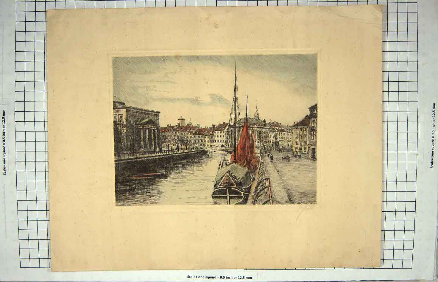 Original Old Antique Print Colour Ships River Bridge Houses Buildings