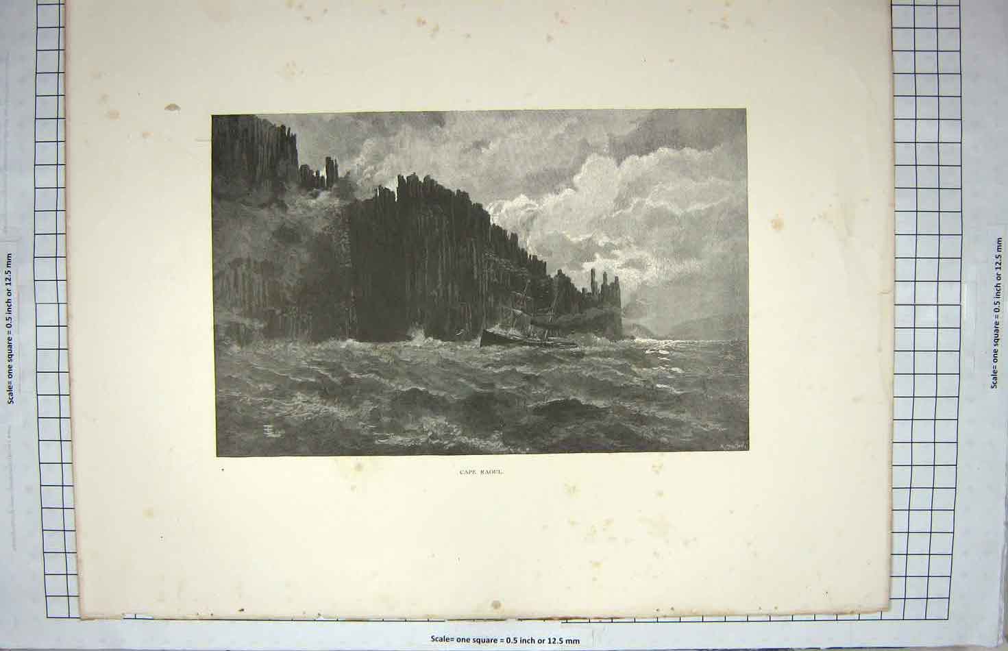Original Old Antique Print View Cape Raoul Stormy Sea Ship Fine Art