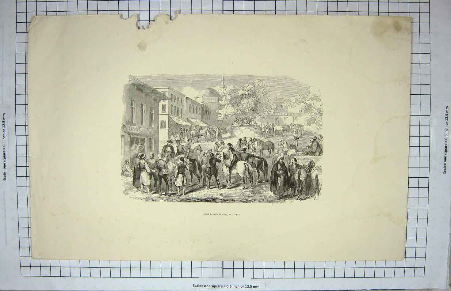 Original Old Antique Print Scene Horse Bazaar Constantinople Street Scene