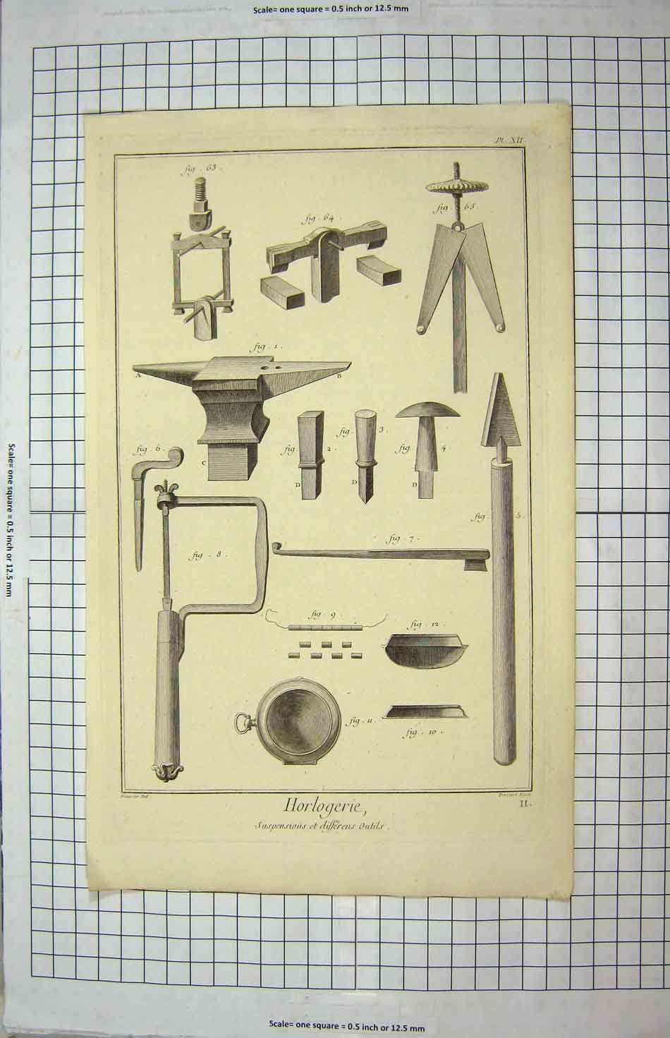 Original Old Antique Print Horlogerie Suspensions Instruments