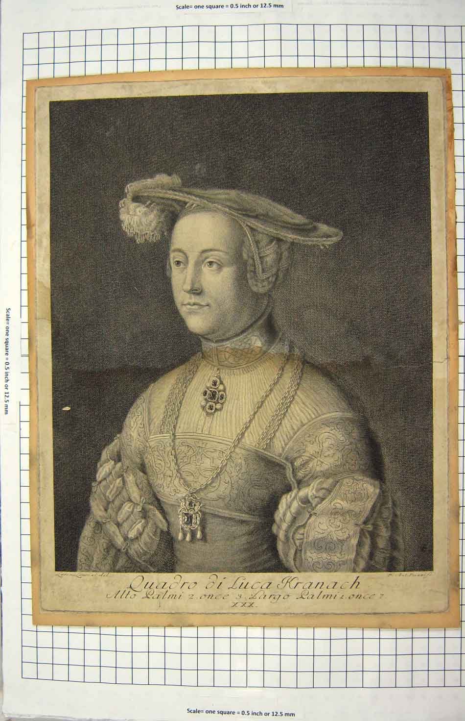 Original Old Antique Print Portrait Quadro Luca Kranach Lady Woman