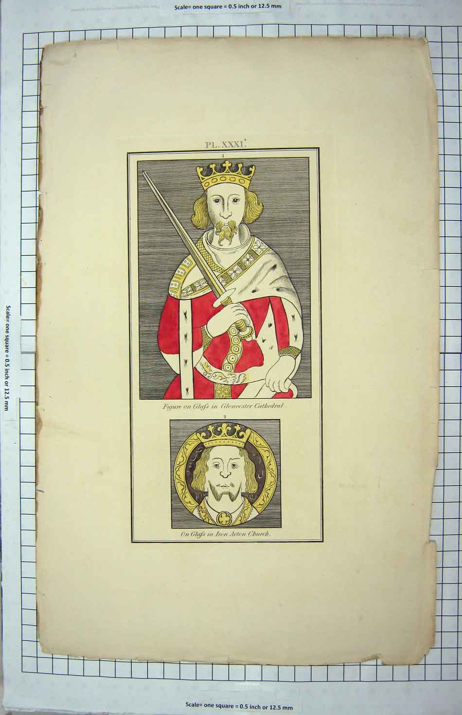 Original Old Antique Print Colour Figure Gloucester Cathdral Acton Church 19th