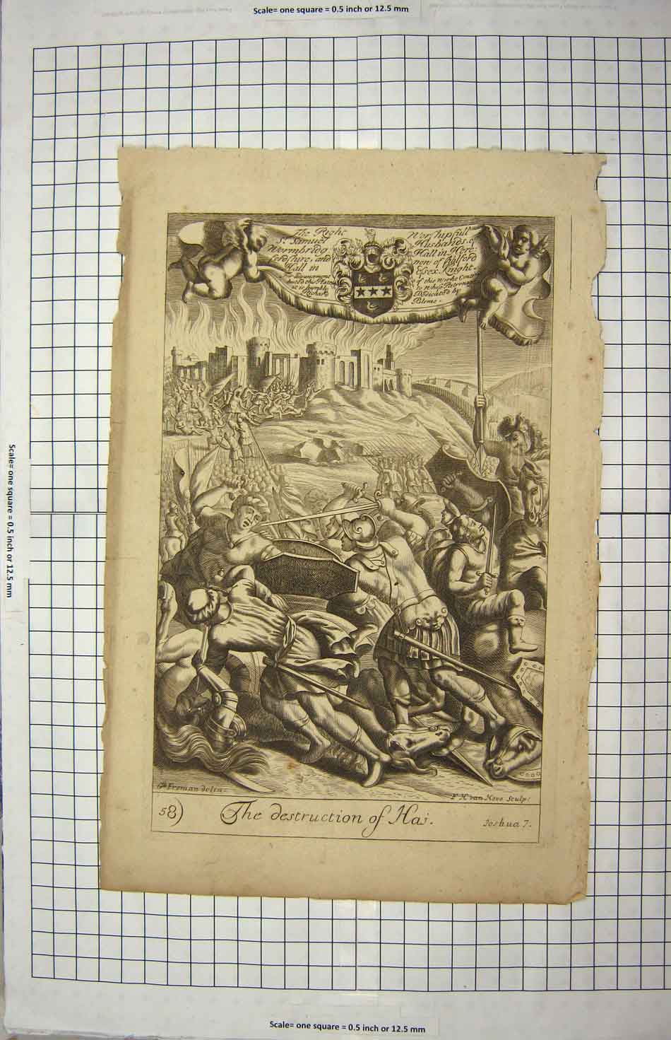 Original Old Antique Print Battle Scene Destruction Haj Halford Essex Knight