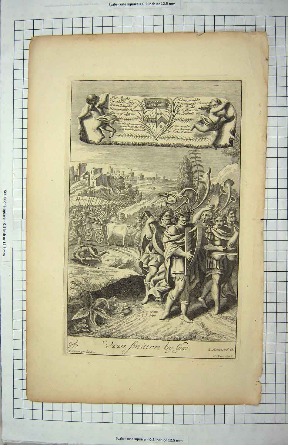 Original Old Antique Print War Battle Scene Vzza God Lord Sherard Ireland 20th