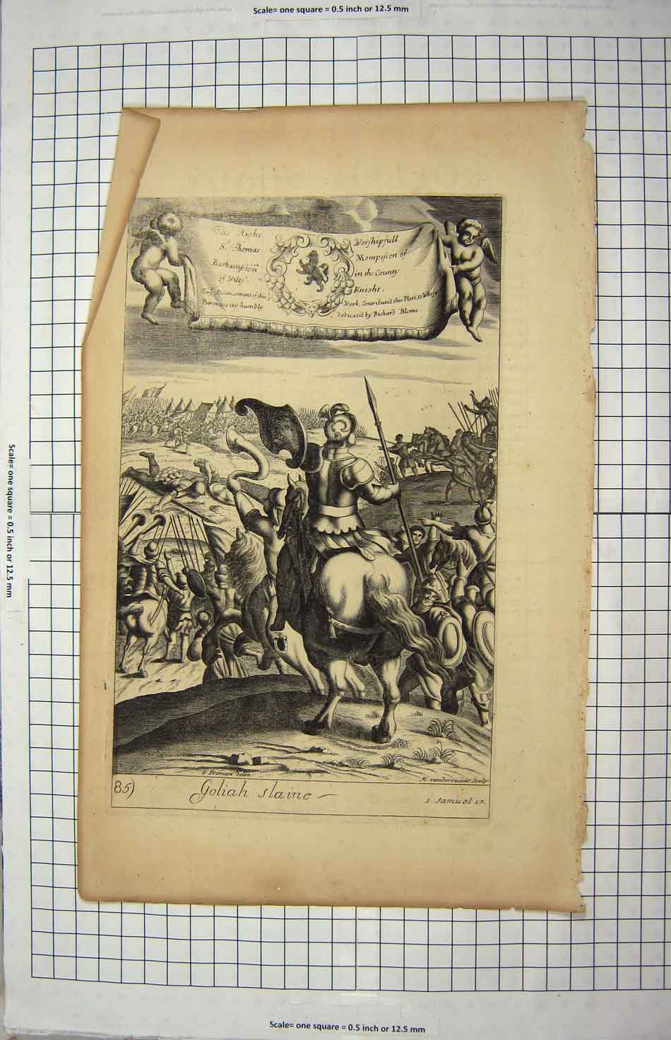 Original Old Antique Print Bible Story Scene Goliah Slaine Murder Richard Blome