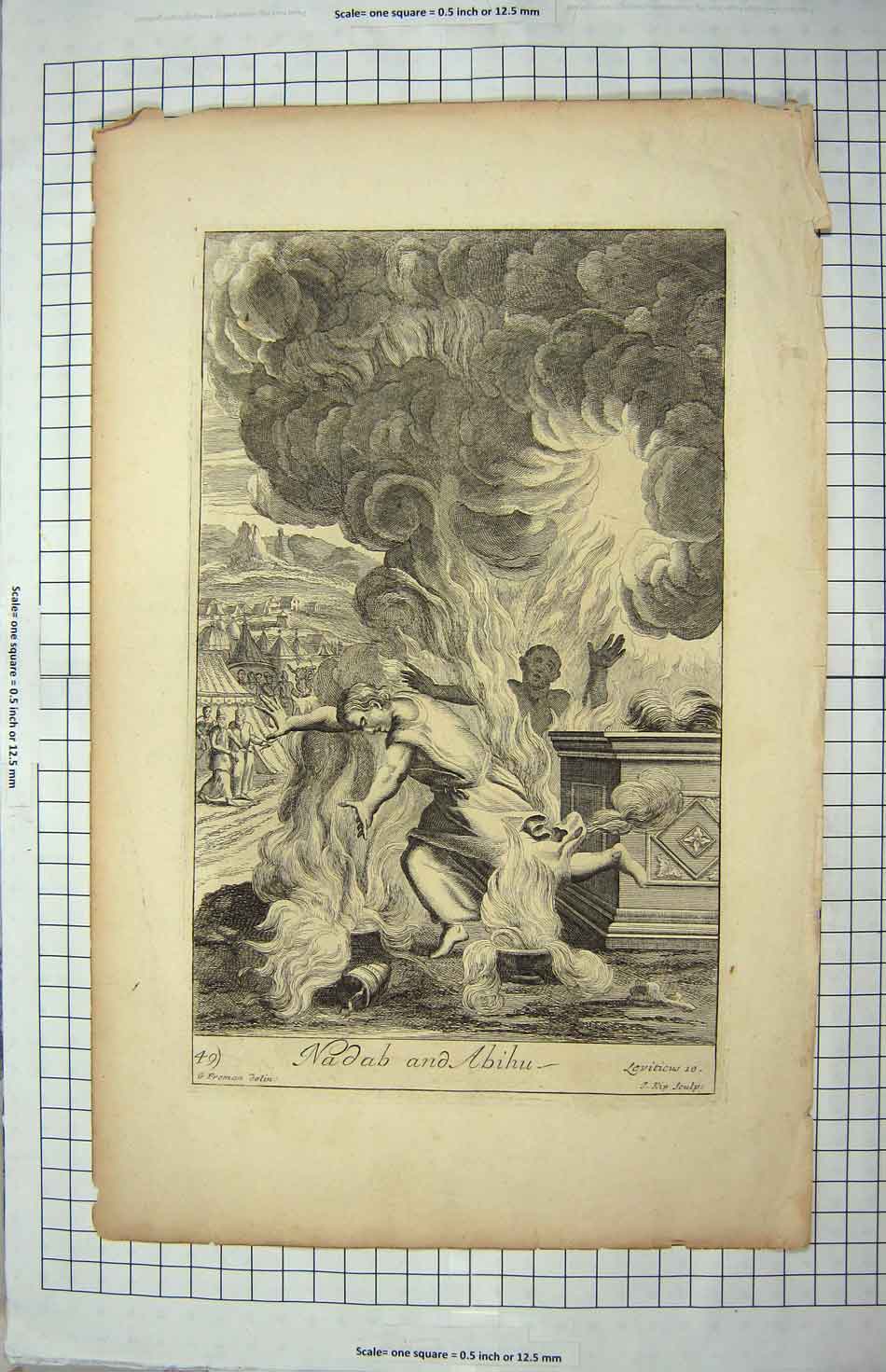 Original Old Antique Print Bible Story Scene Nadab Abiliu Men Fire