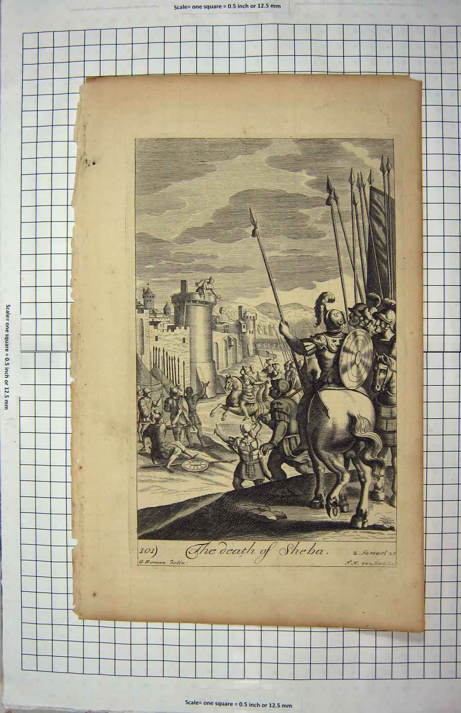 Original Old Antique Print Bible Story Scene Death Sheba Battle