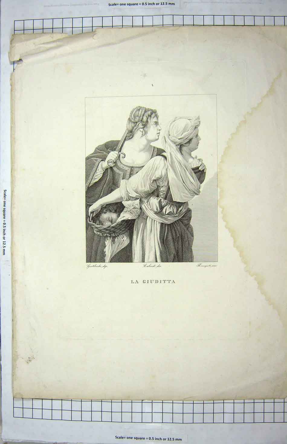 Original Old Antique Print Engraving La Giuditta Man Head Basket