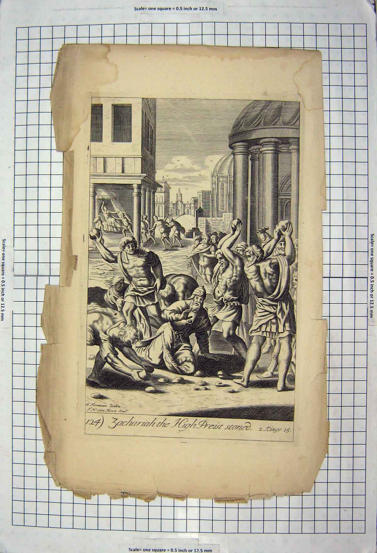 Original Old Antique Print Bible Story Scene Zachariah High Priest Stoned Ahaz