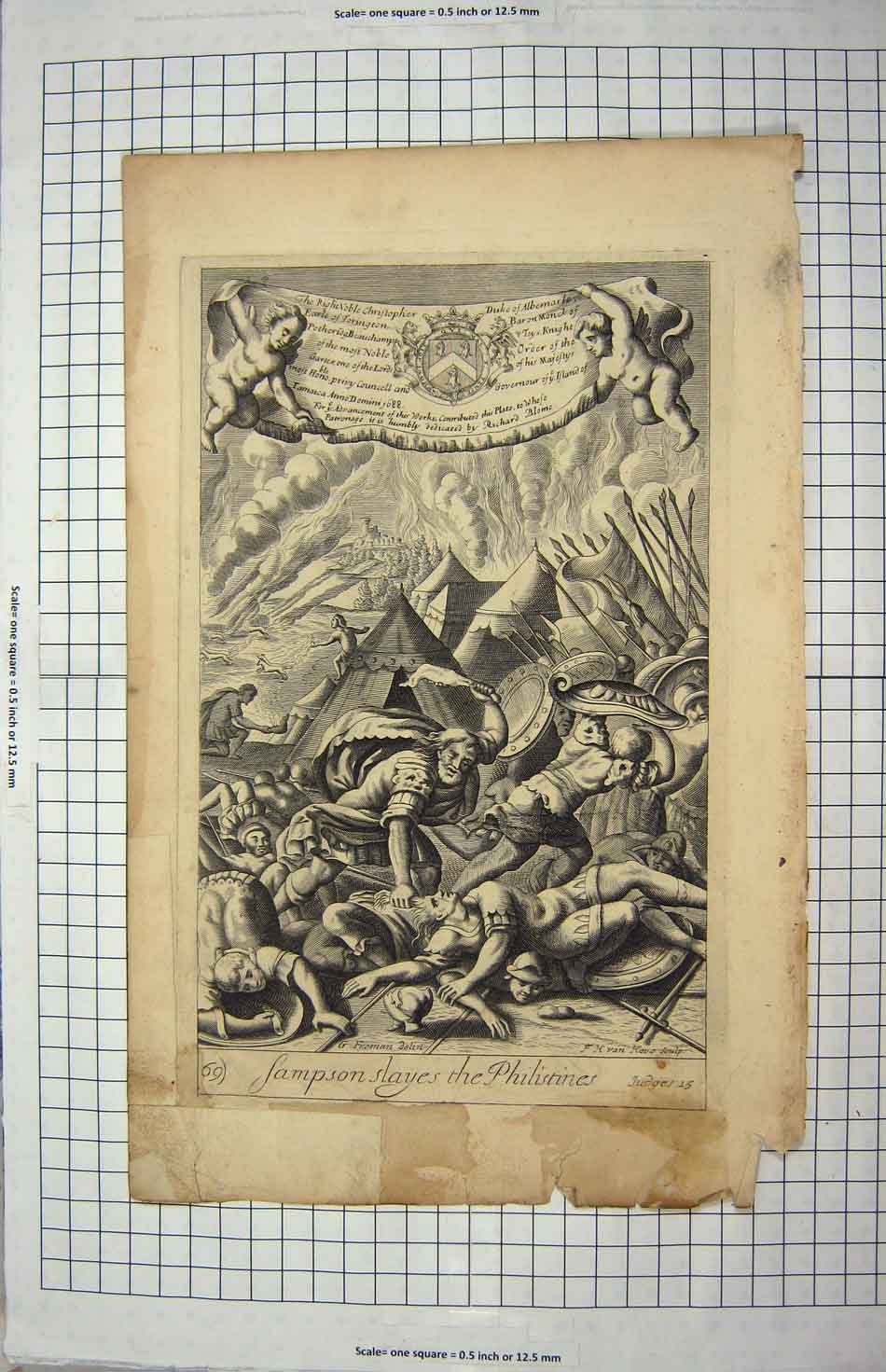 Original Old Antique Print Bible Story Scene Sampson Slayes Philistines Birth