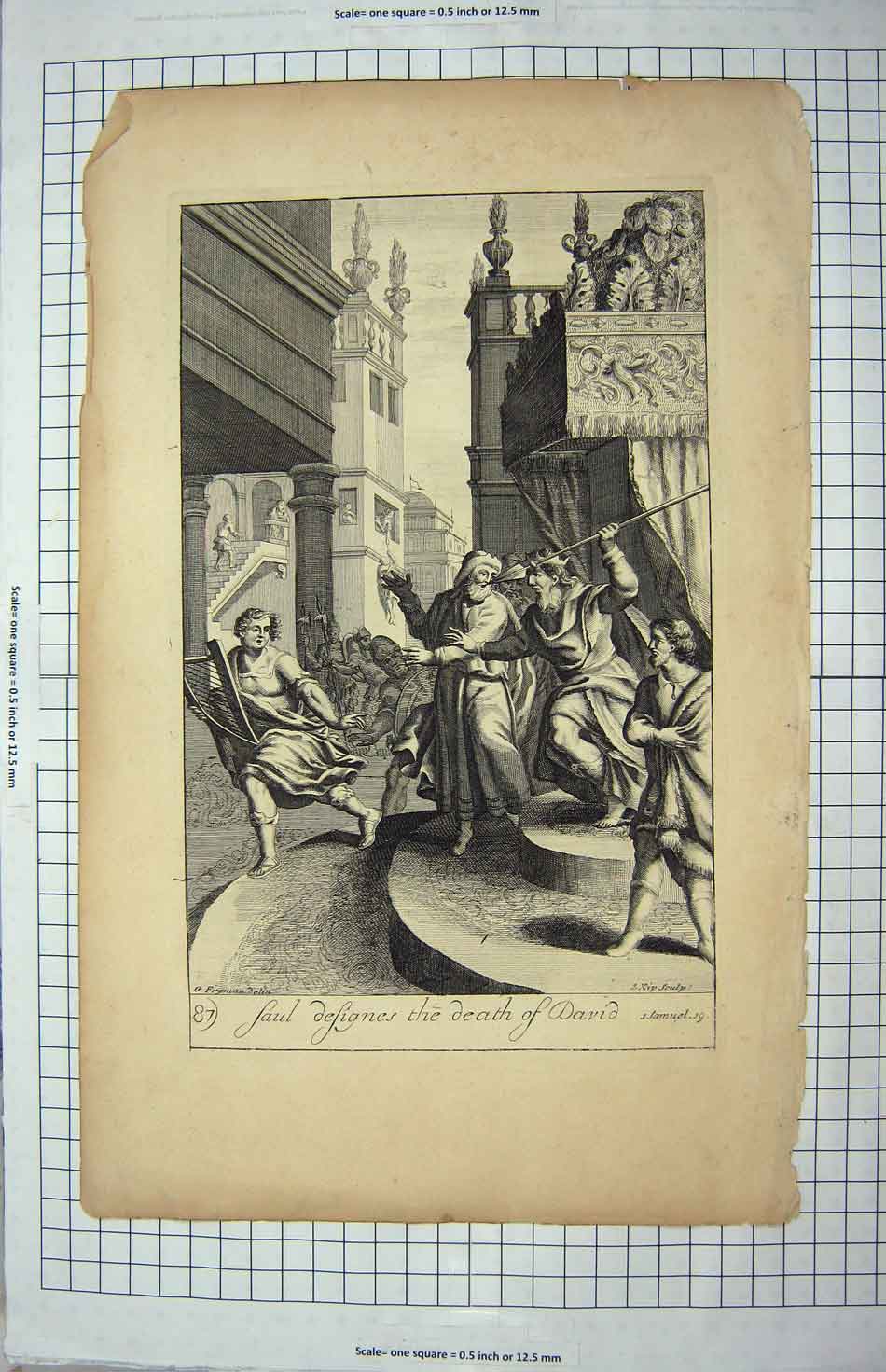 Original Old Antique Print Bible Story Scene Saul Death David Triumph Battle