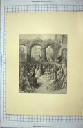 Original Old Antique Print Crowd People Dresses Men Hedges Windows
