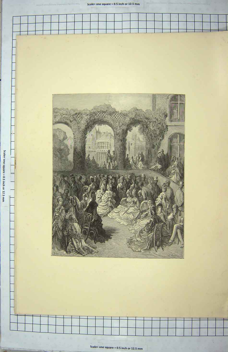 Original Old Antique Print Crowd People Dresses Men Hedges Windows