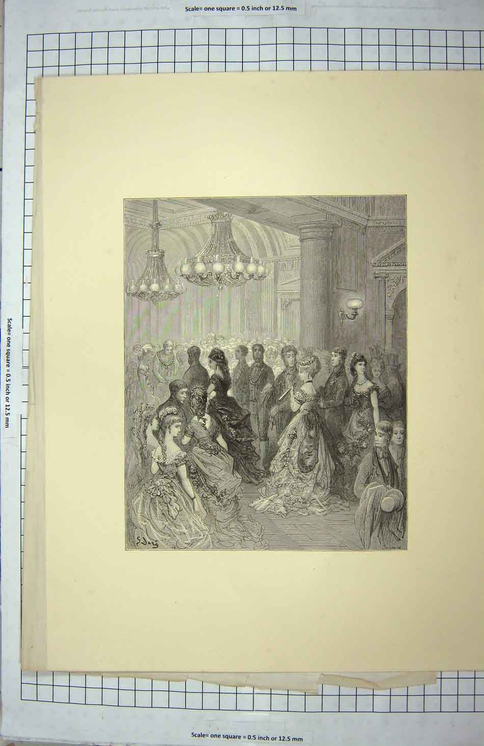 Original Old Antique Print Ball At The Mansion House Lights Women Men