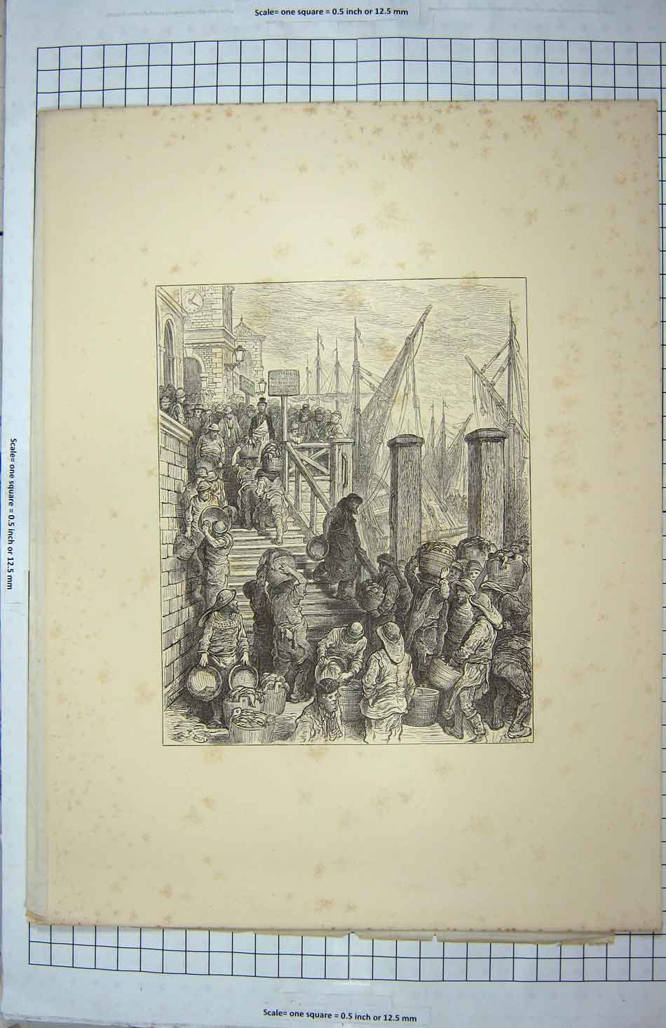 Original Old Antique Print Billingsgate Landing The Fish Fishermen