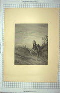 Original Old Antique Print Castle Travelling Boy Rocky Path Trees