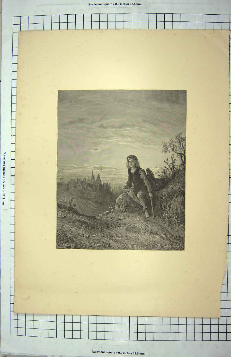 Original Old Antique Print Castle Travelling Boy Rocky Path Trees