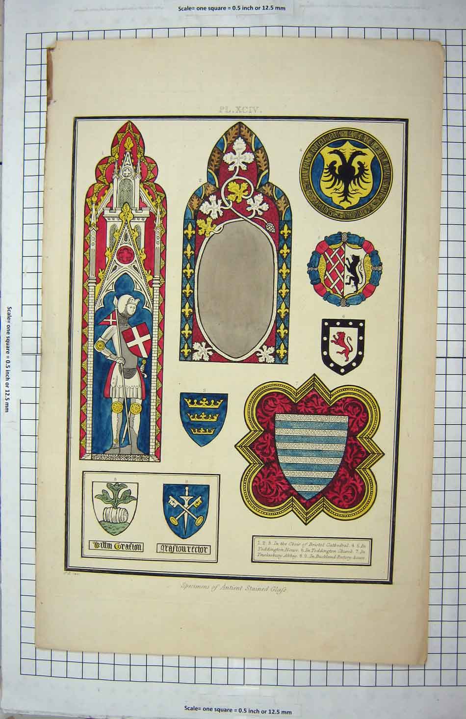 Original Old Antique Print Specimens Antient Stained Glafs
