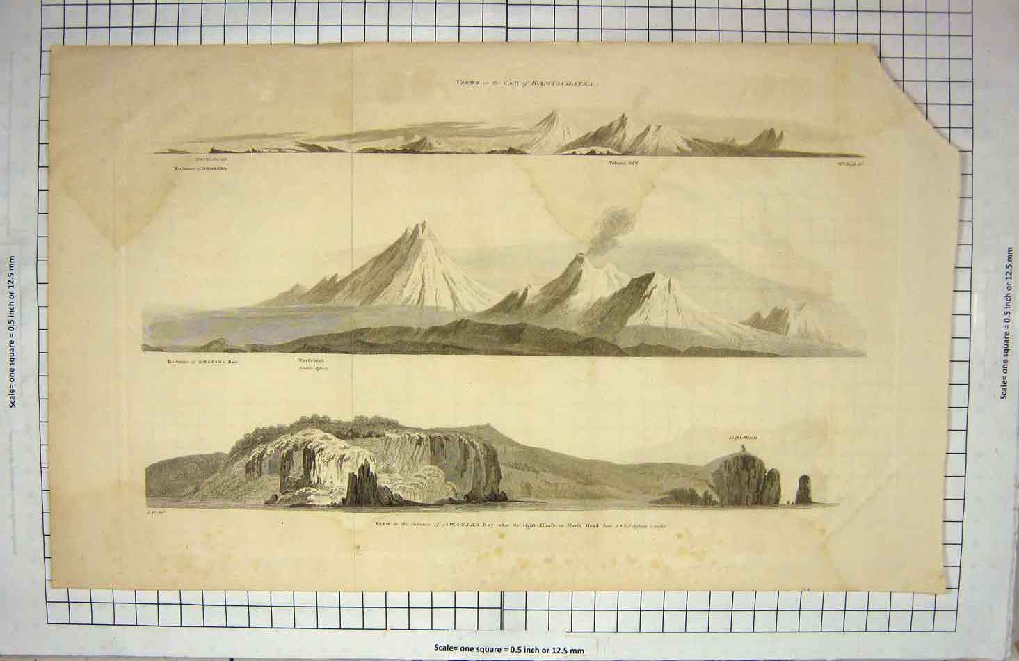 Original Old Antique Print Entrance Awatska Bay Kamtschatka