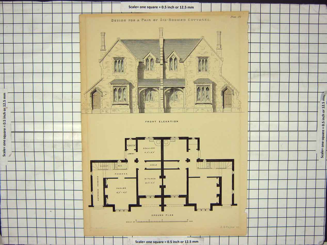 Original Old Antique Print Six Roomed Cottage Plans A. H. Payne