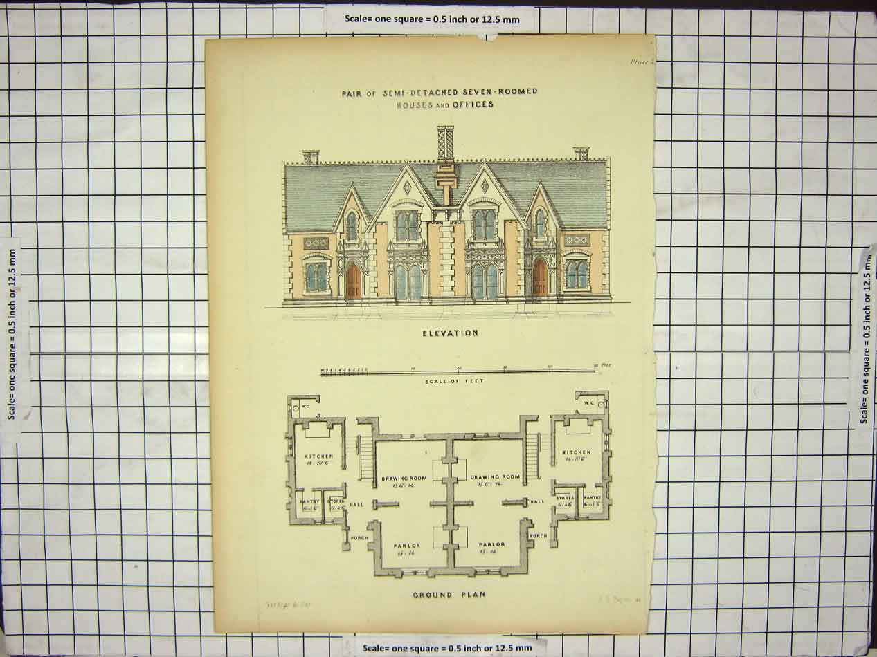 Original Old Antique Print Pair Semi-Detached House Seven Rooms Offices