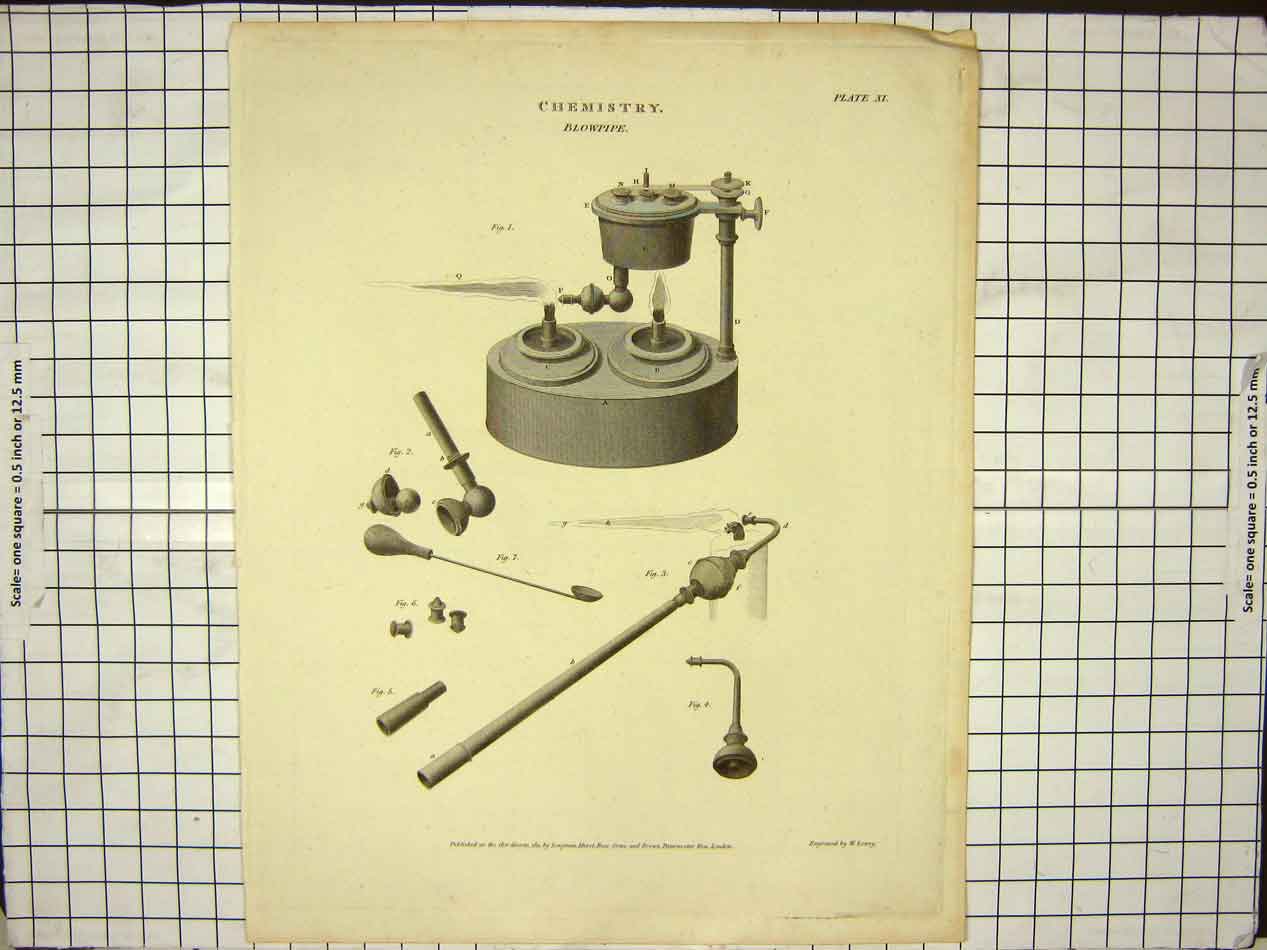 Original Old Antique Print Chemistry Blowpipe Science W Lowry