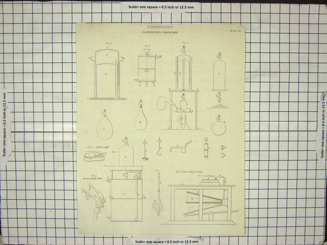 Original Old Antique Print Chemistry Gazometer Blowpipe Science